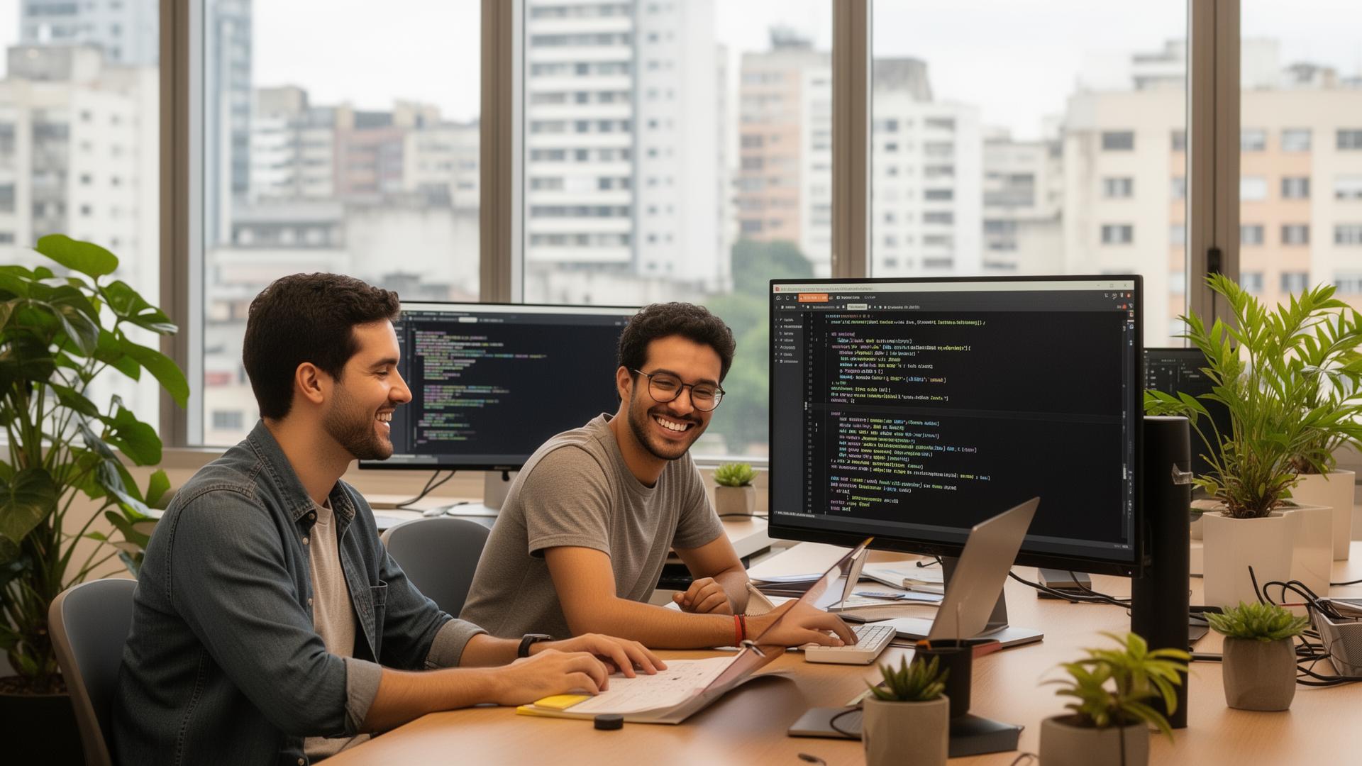 Engenheiros brasileiros colaborando em código
