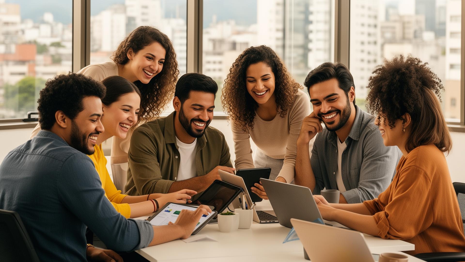Equipe brasileira colaborando com tablets em ambiente de trabalho moderno